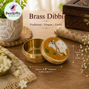 Brass Dibbi Box with Decorative Cow Artwork, 1" x 1.8" Size | Traditional Pooja Kumkum, Haldi & Sindoor Container, BB- 3048