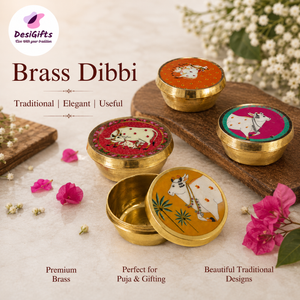 Brass Dibbi Box with Decorative Cow Artwork, 1" x 1.8" Size | Traditional Pooja Kumkum, Haldi & Sindoor Container, BB- 3048