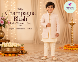 Boy's Champagne Blush Shade Cotton Silk 3 Piece Indo Western Outfit,  Embroidered  Sequins Long Jacket with Pant , Boy's Sherwani Dress - B-3054