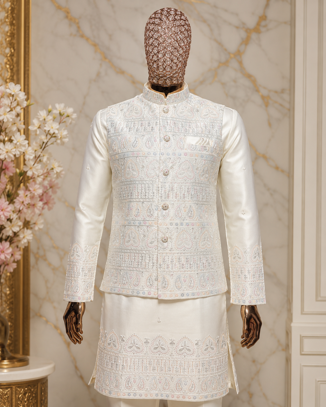 Elegant Men’s 3-Piece Kurta Pajama with Embroidered Sequins Jacket, Ivory Cream Satin Silk Blend Ethnic Wear for Wedding & Festive, KPJ-3062
