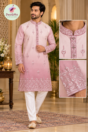 Men’s Dusty Rose Ombré Embroidered Kurta Pajama Set | Mauve Pink Indian Wedding Outfit with Trouser Pants | KP-4066