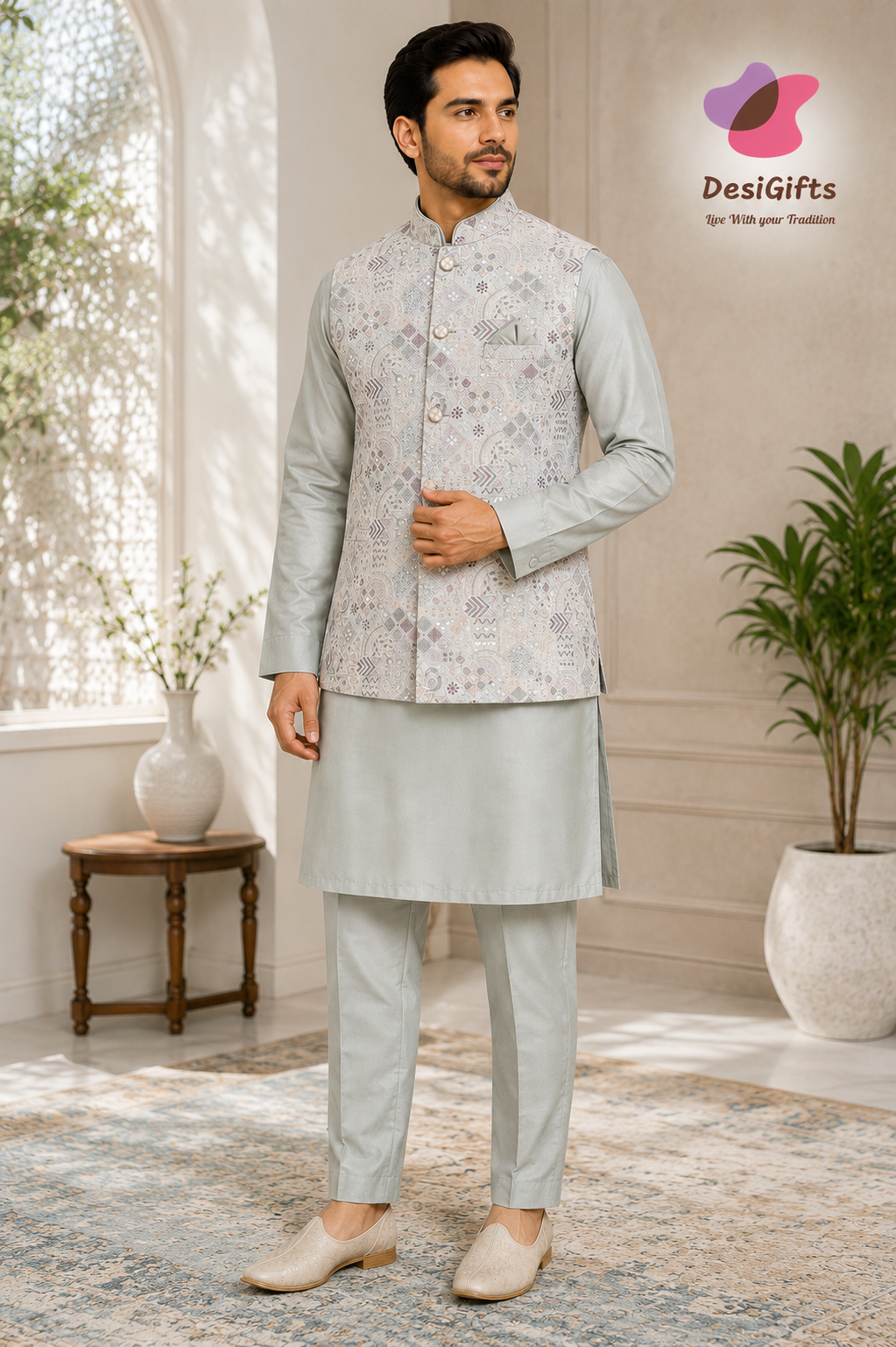 Men’s Pale Sage Green 3-Piece Kurta Pajama with Premium Embroidered Jacket, Wedding & Festive Ethnic Wear, KPJ-3078