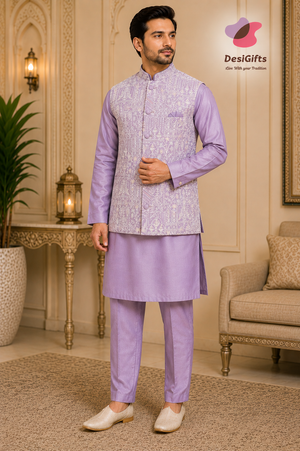 Men’s Pastel Purple 3-Piece Kurta Pajama with Embroidered Jacket, Wedding & Festive Ethnic Wear, KPJ-3079