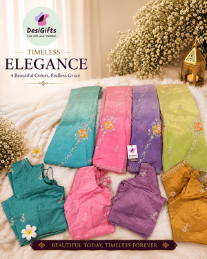 Soft Silk Blend Saree with Floral Embroidery, Ombre Effect | Stitched Blouse Included | Fall & Pico Done | Wedding, Festive & Party Wear, S- 3082