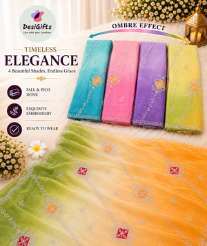 Soft Silk Blend Saree with Floral Embroidery, Ombre Effect | Stitched Blouse Included | Fall & Pico Done | Wedding, Festive & Party Wear, S- 3082