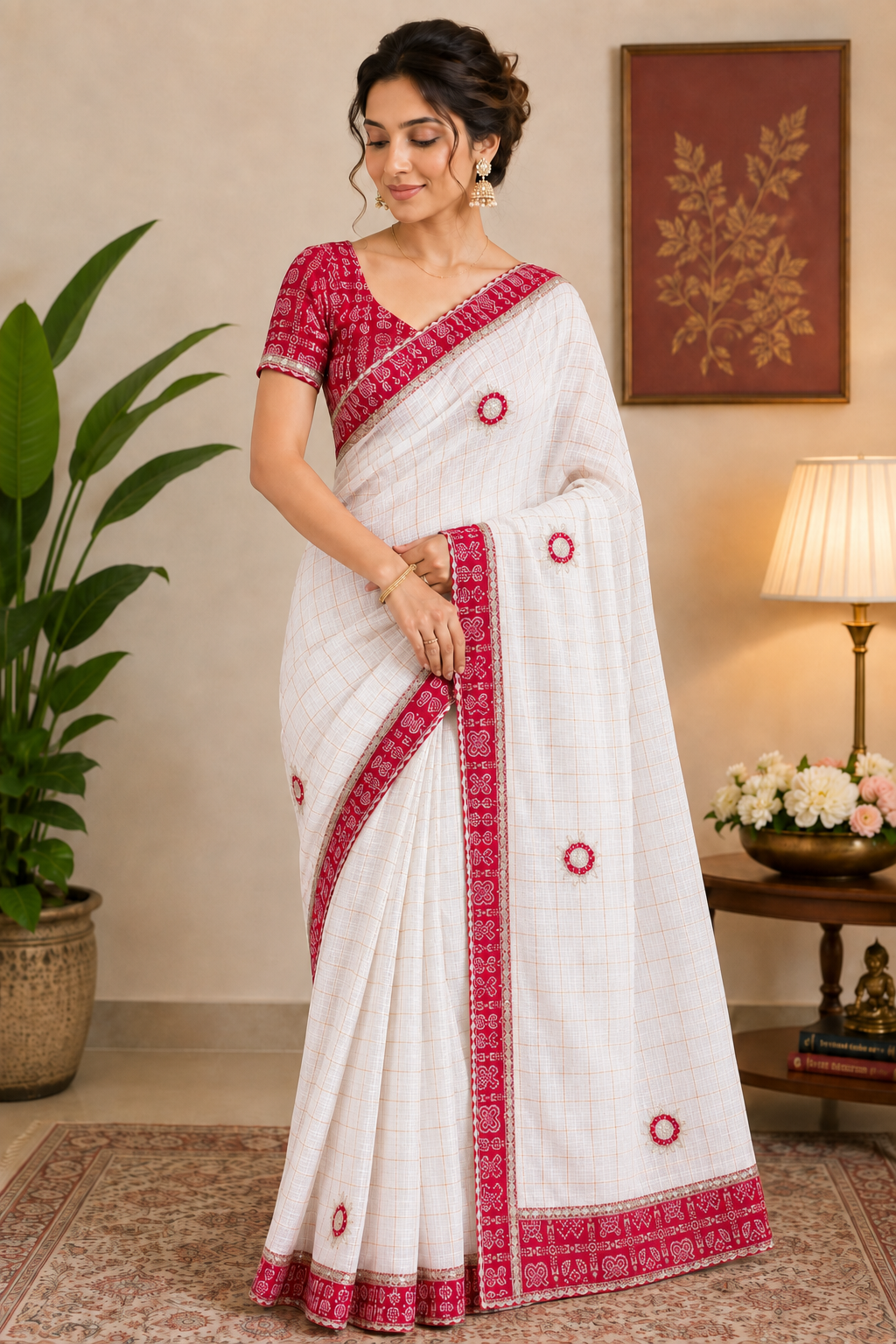 Women’s Off-White Linen Blend Saree with Red Bandhani Print Border & Matching Blouse, Festive Indian Saree, S- 3095