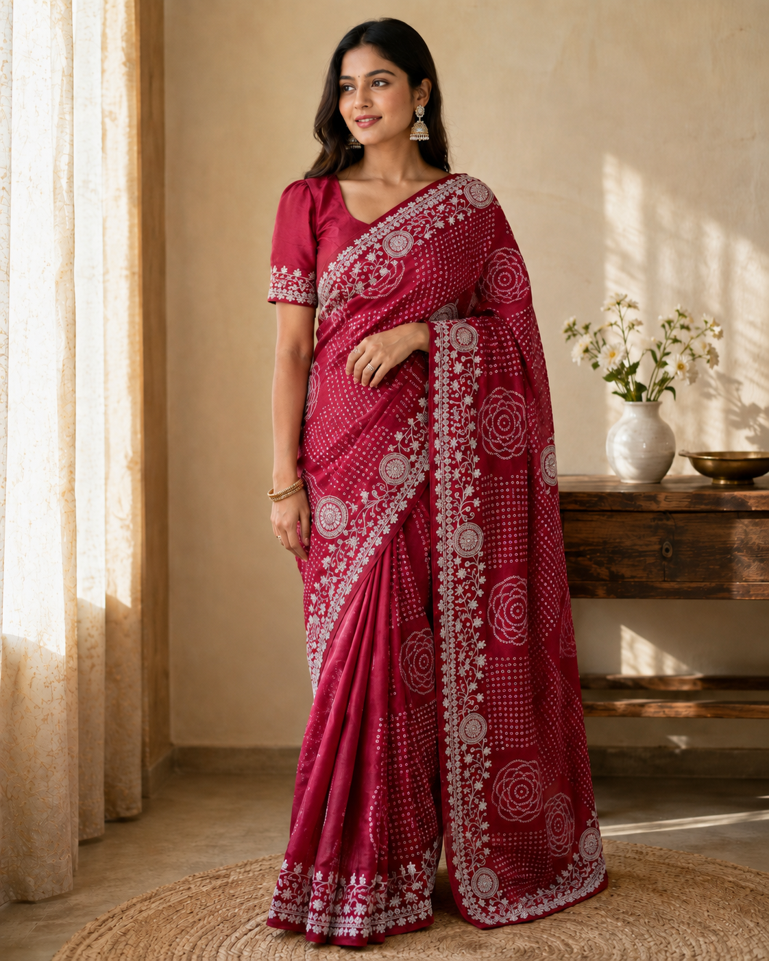 Women’s Deep Rani Pink Bandhani Style Saree with Silver Embroidery & Stitched Blouse, Festive Wedding Indian Saree, S- 3096