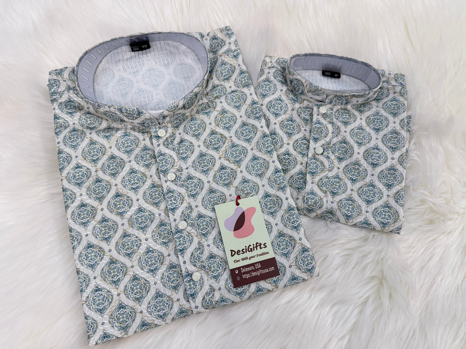 Teal Shade 2-Piece Kurta Pajama Set – Father & Son Outfit | Premium Cotton Jacquard with Zari & Sequin Detailing, DM-2044