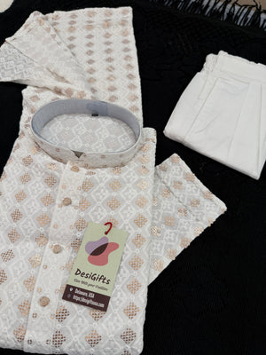 Cream Shade Men's Kurta Pajama set with Embroidery and Sequins. Two-piece Indian traditional outfit., KP - 2027