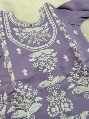 Baby Girls Lavender Embroidered Sharara Suit Set with Dupatta, White Thread Work Ethnic Outfit, GRL-2093