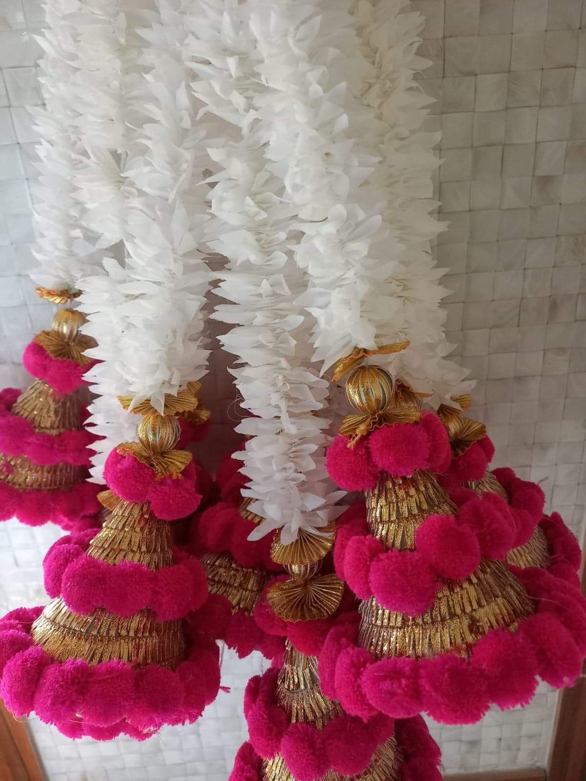 18" Artificial Mogra Flower Strings with PomPom Bell, Wall hanging Decor, Set of 2, HDR-1106