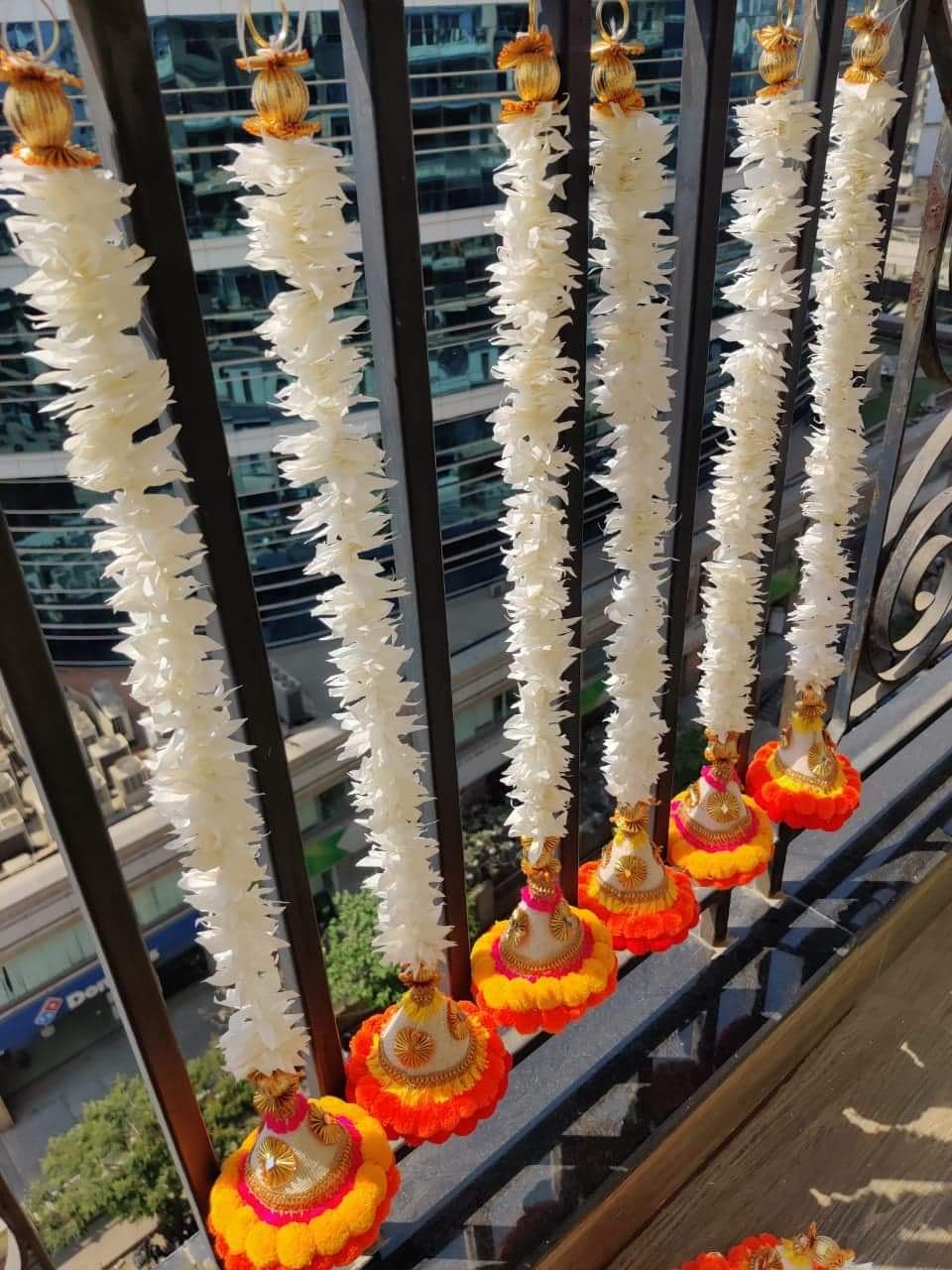 18" Artificial Mogra Flower Strings with PomPom Bell, Wall hanging Decor, Set of 2, HDR-1106