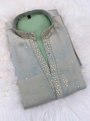 Men’s Mint Green Shorter Kurta with Parallel Pants | Gold Embellished Jacquard Kurta Pajama Set | Indo-Western Wedding & Festive Kurta Set, KP - 4043