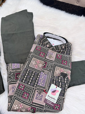 Stylish Men’s 3-Piece Olive Green Shade Kurta Pajama Set with Embroidered Sequins Jacket, Silk Ethnic Wear for Wedding & Festive, KPJ-2034