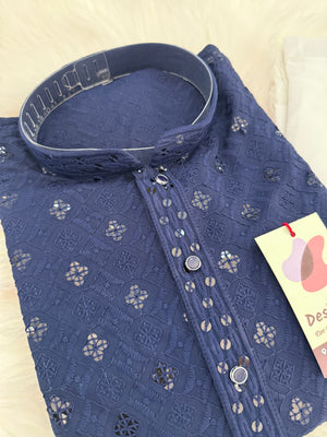 Men’s Blue Rayon Kurta Pajama Set with Chikankari Embroidery and Sequin Accents, Indian Kurta set, KP - 1980