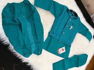 Boys Teal Green Kurta Set with Textured Jacket, Dhoti & Pajama Options – Festive Ethnic Wear,- Design B-2024