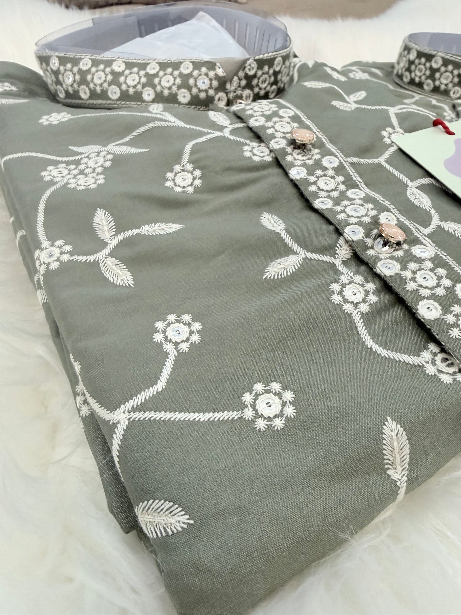 Boys & Men Matching Sage Green Kurta Pajama Set with White Floral Embroidery, Father Son Indian Ethnic Wear, DM- 3011