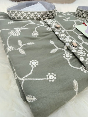 Boys & Men Matching Sage Green Kurta Pajama Set with White Floral Embroidery, Father Son Indian Ethnic Wear, DM- 3011