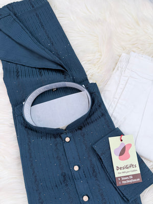 Men’s Teal Shade Sequins Embroidered Kurta Pajama Set – Indian Wedding & Partywear Traditional 2PC Outfit, Size 58 , 5XL, KP-2025