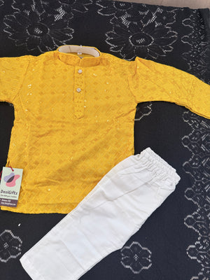Men & Boys Marigold Yellow Rayon Chikankari with Sequins Kurta Pajama Set | Matching Father Son Option Festive Outfit with Sequin Work, DM -1422