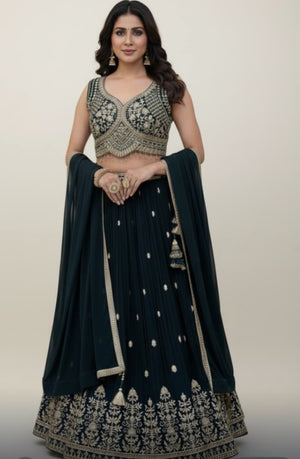 Size L, Dark Green Heavy Embroidery Georgette  Lehenga Choli 3 Pieces Ethnic Wear for Girls, Design LHG - 1973