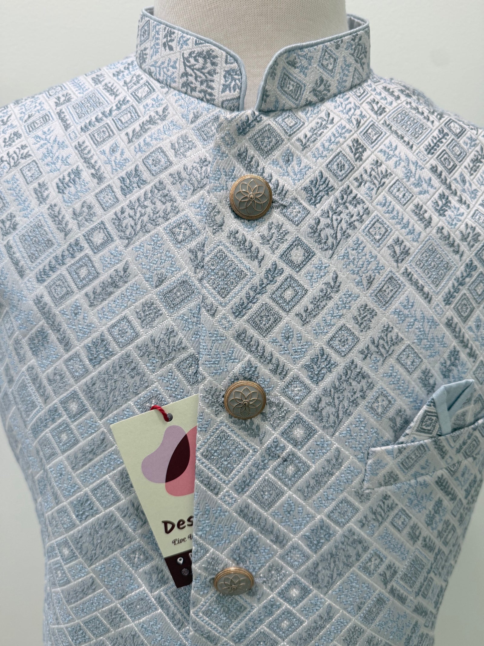 Men’s Pastel/Ice BluePink Nehru Jacket – Self Woven Silk Indian Sadri, Festive Wedding Waistcoat, Ethnic Modi Jacket for Men, J-3089