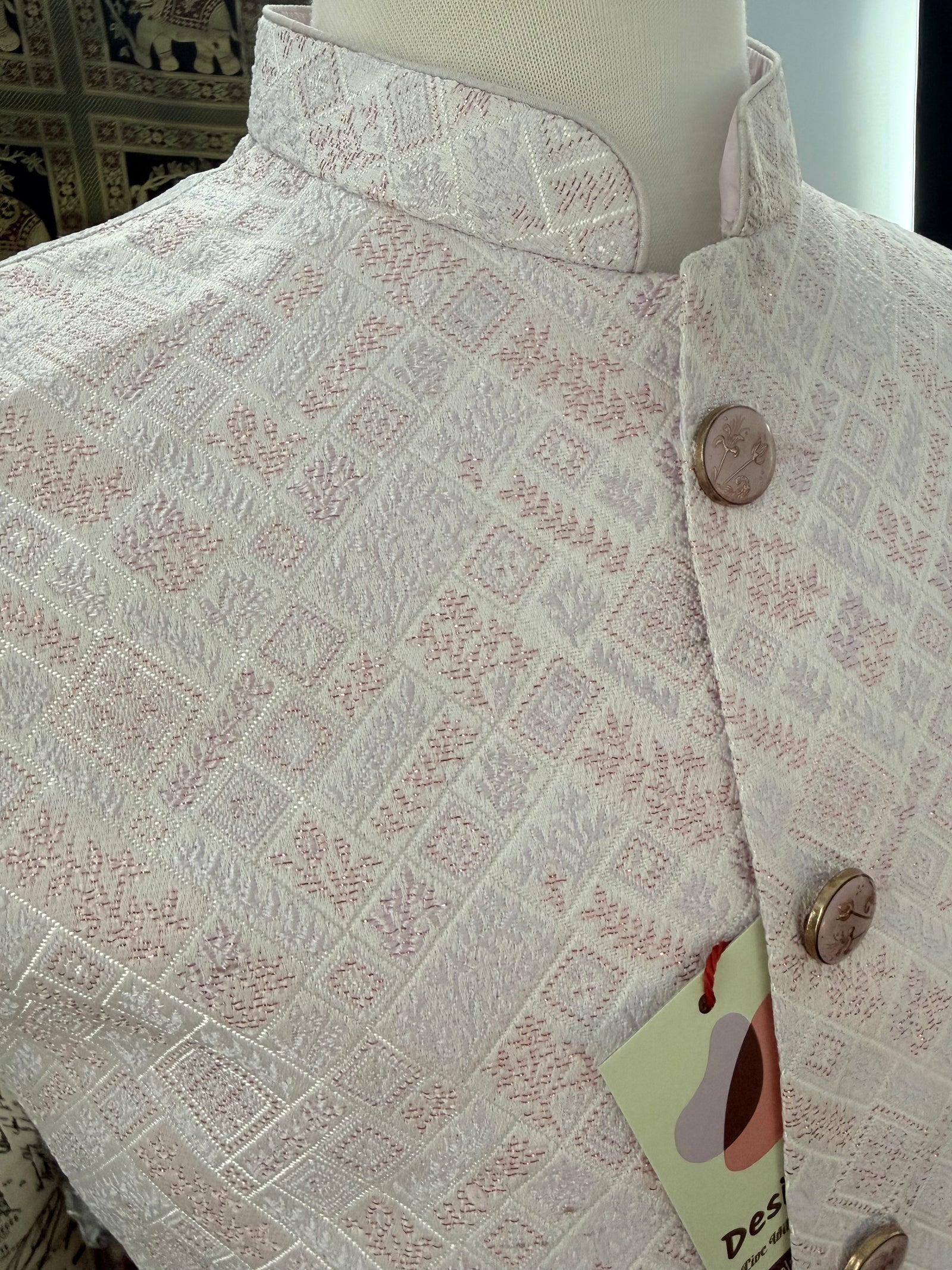 Men’s Pastel Pink Nehru Jacket – Self Woven Silk Indian Sadri, Festive Wedding Waistcoat, Ethnic Modi Jacket for Men, J-3073