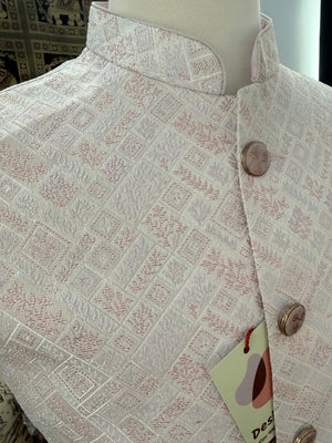 Men’s Pastel Pink Nehru Jacket – Self Woven Silk Indian Sadri, Festive Wedding Waistcoat, Ethnic Modi Jacket for Men, J-3073