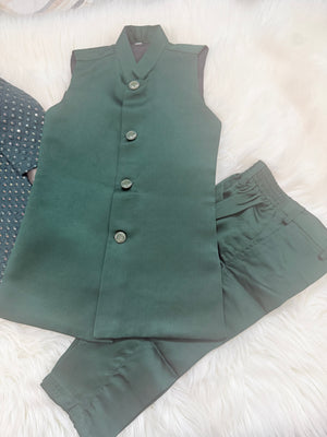 Boy's Pine Green Shade Cotton Silk 3 Piece Indo Western Outfit,  Embroidered  Sequins Long Jacket with Pant , Boy's Sherwani Dress - B-3051