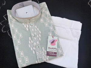 Men’s Sage Green Embroidered Kurta Pajama Set | White Thread & Sequin Work | Traditional Indian Wedding & Festive Wear, KPS-4028