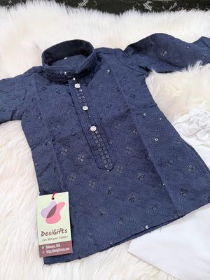 Men & Boys Navy Rayon Chikankari with Sequins Kurta Pajama Set | Matching Father Son Festive Outfit with Sequin Work, DM -2077