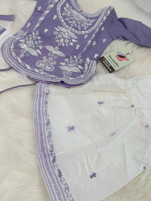 Baby Girls Lavender Embroidered Sharara Suit Set with Dupatta, White Thread Work Ethnic Outfit, GRL-2093