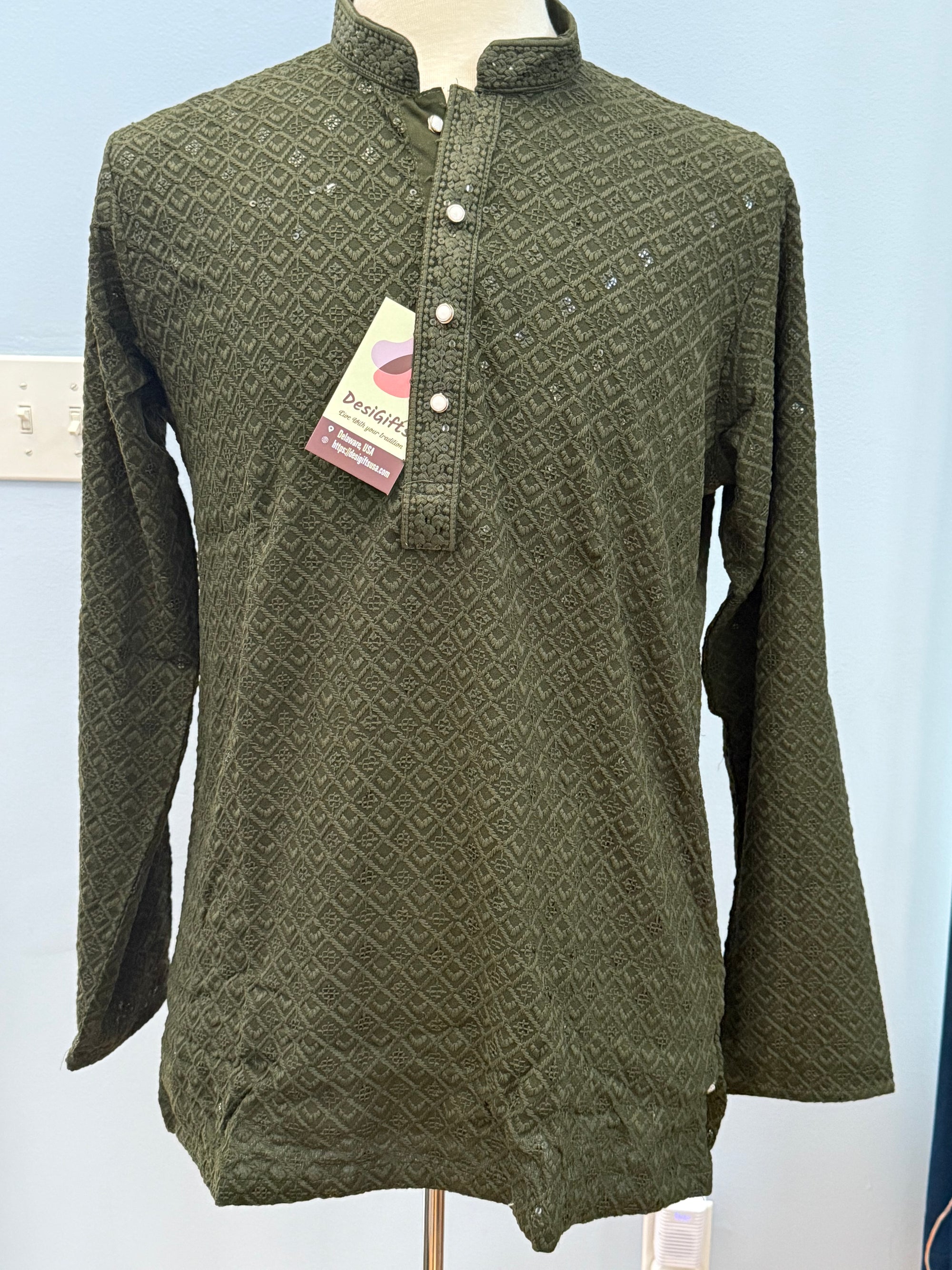 Shirt-Style Henna Green Chikankari Short Kurta with Sequins – Ethnic Casual Kurta-Design SK - 1932