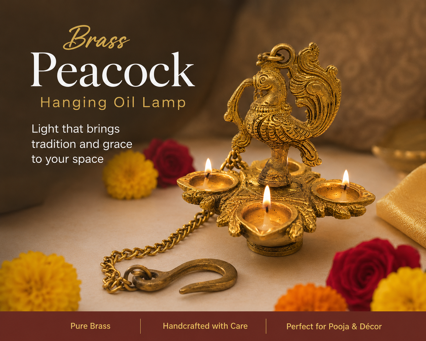 Brass Peacock Hanging Diya Lamp – 3 Wick Oil Lamp for Temple, Pooja & Home Décor, HGDB - 337