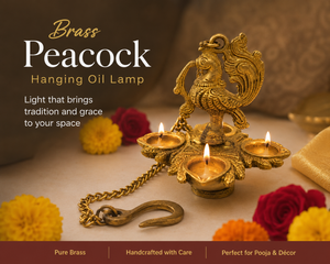 Brass Peacock Hanging Diya Lamp – 3 Wick Oil Lamp for Temple, Pooja & Home Décor, HGDB - 337