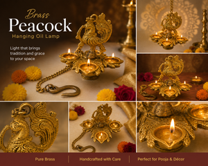 Brass Peacock Hanging Diya Lamp – 3 Wick Oil Lamp for Temple, Pooja & Home Décor, HGDB - 337