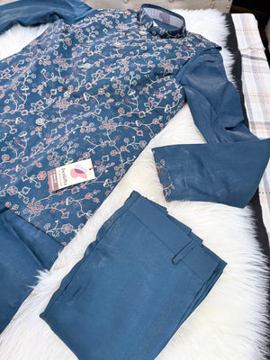 3 Piece Dusty Navy Blue Kurta Pajama with Embroidery Jacket Set, Silk Blend Fabric with a Slight Sheen., Father & Son's Outfit, DM - 3022