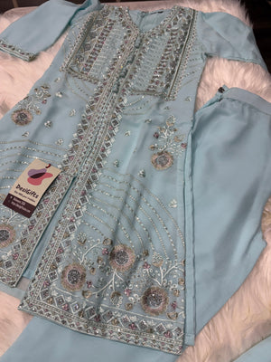 Graceful Sky Blue 3-Piece Girls’ Kurti Set with Intricate Embroidery and Sequin Detailing, Design G-1948