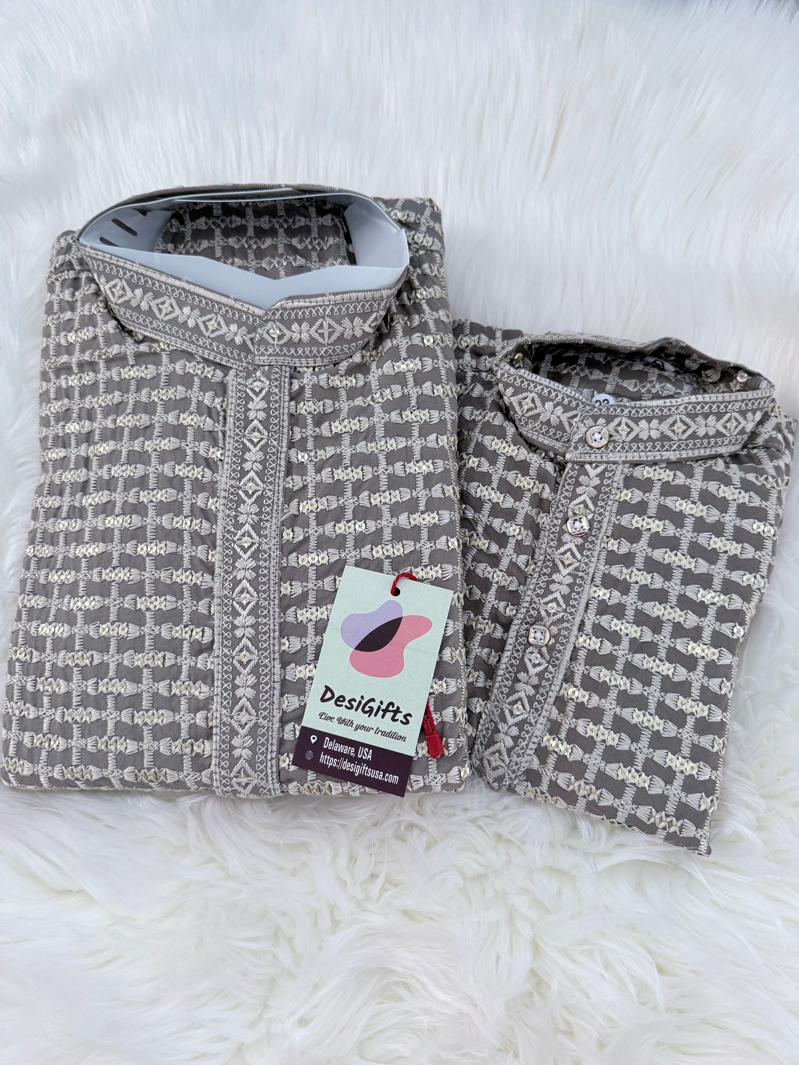 Mocha Shade Chikankari Rayon with Sequins 2 Piece Kurta with Trouser Style Pajama Set, Father & Son's Outfit, DM -2009