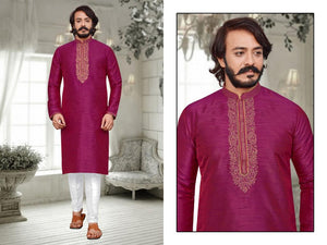Men's Ruby Cotton Silk with Golden Design Man's Kurta Pajama Set, KPS-1028