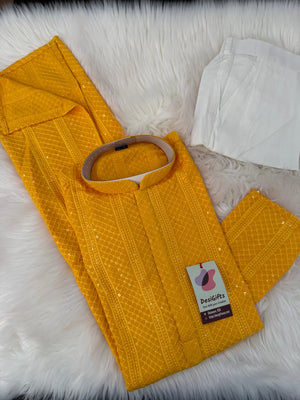 Exquisite Chikankari Sequins 2 Piece Kurta Pajama Set for Man, Yellow Shade, Embroidered Party Man's Wear, KP - 2045