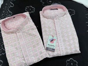Men's Kurta Pajama set with Embroidery and Sequins in Soft Pink Shade. Two-piece Indian traditional outfit., KP - 1420-1421