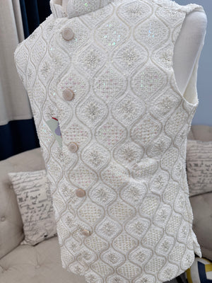 Luxury Cream Bead & Sequin Embroidered Nehru Jacket for Men – Heavy Thread Work Wedding Waistcoat | J-3034