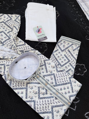Men’s Kurta Pajama Set – Premium Viscose Rayon with Embroidery, Cream with Blue Geometric Pattern & Sequin Detailing| KPS-3031