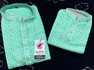 Men & Boys Turquoise Teal Rayon Chikankari with Sequins Kurta Pajama Set | Matching Father Son Option Festive Outfit with Sequin Work, DM -1423