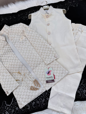 Boy's Cotton Silk 3 Piece Indo Western Outfit,  Embroidered  Sequins Long Jacket with  Pant and Necklace, Boy's Sherwani Dress - B-2073