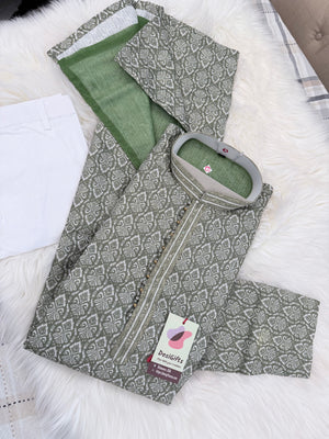Men's Sage Green Printed Kurta Pajama Set | Designer Indian Ethnic Wear with Mandarin Collar | Wedding, Diwali & Festive Outfit, KP-4090