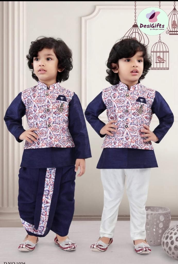 4 Piece Boy's Cotton Silk Navy Dress with Jacket, Kids Kurta Pajama Design- Boy-1073