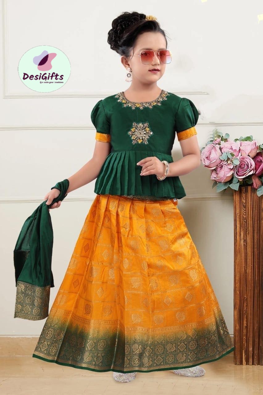 Gorgeous Silk Traditional Pattu Pavadai Green/Yellow Lehnga Choli, Design GRL -1051