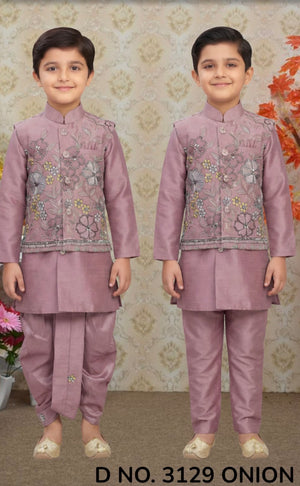 Onion PInk Shade 4 Piece Boy's Cotton  Silk Ethnic Kurta with Jacket, Dhoti and Pajama- Design B-2026